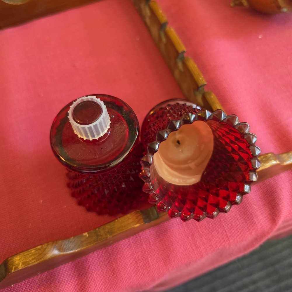 Vintage Red Diamond Point Peg Glass Votive Candle Holder 3 1/2" 2pc - Picture 3 of 3
